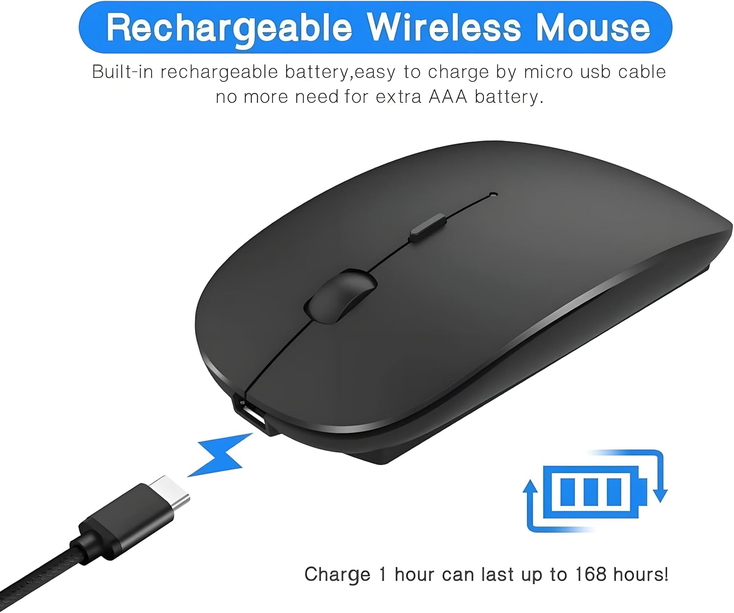 ZERU Bluetooth Mouse,Rechargeable Wireless Mouse for MacBook Pro/MacBook Air,Bluetooth Wireless Mouse for Laptop/PC/Mac/iPad pro/Computer - Image 3